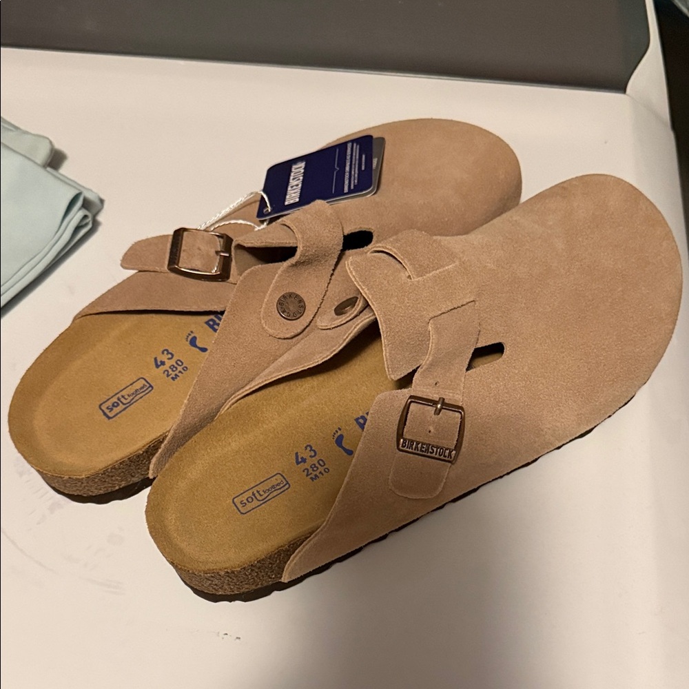 Birkenstock Beige Suede Buckle Clogs